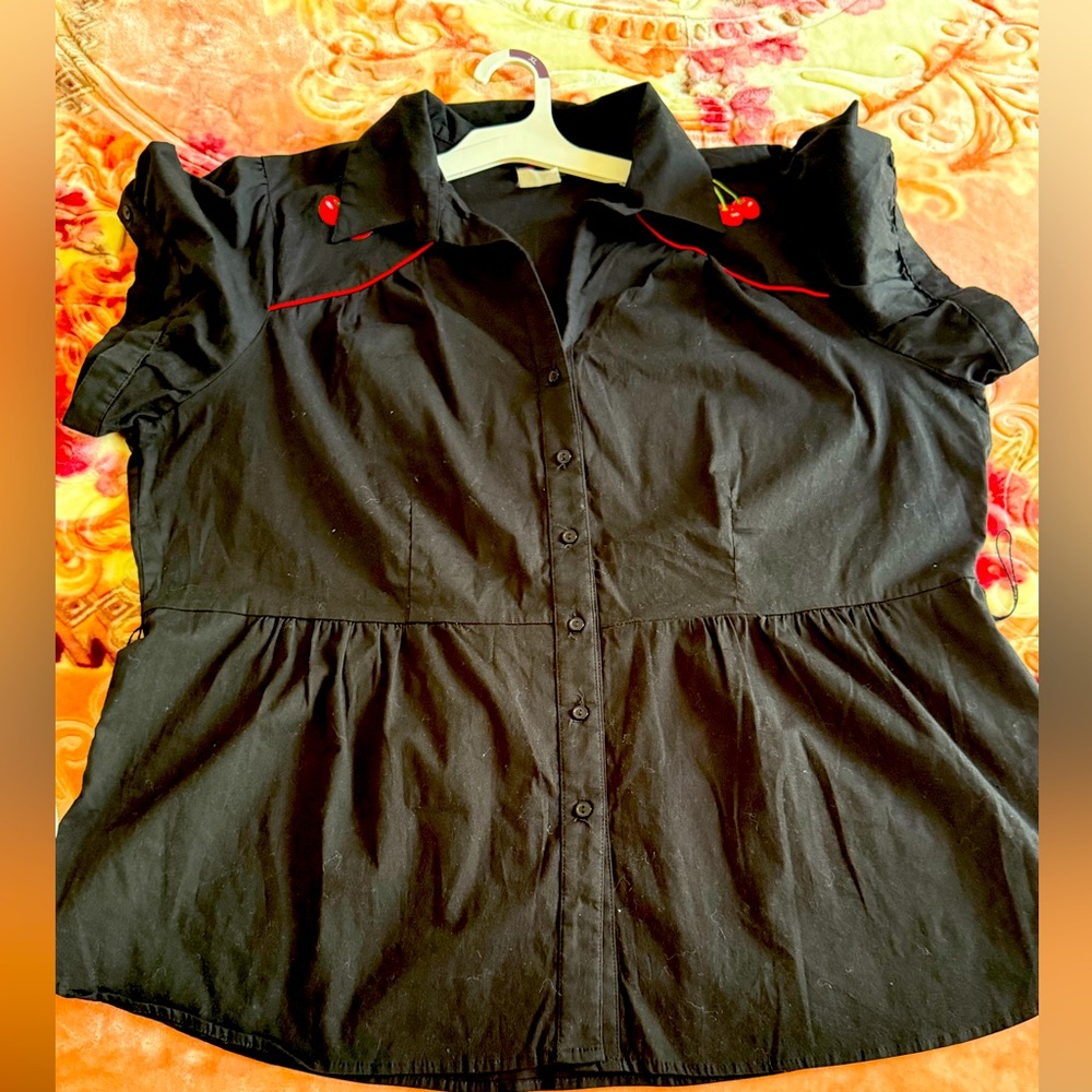Torrid Black Button Down Shirt with Red Cherry Accents